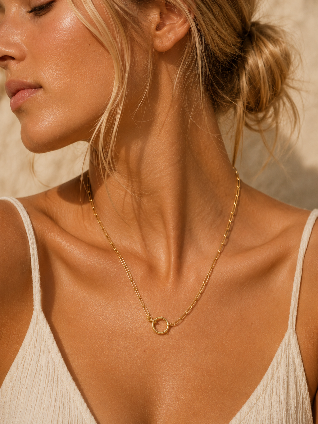Gold link chain necklace with round clasp — Archive Jewellery Studio